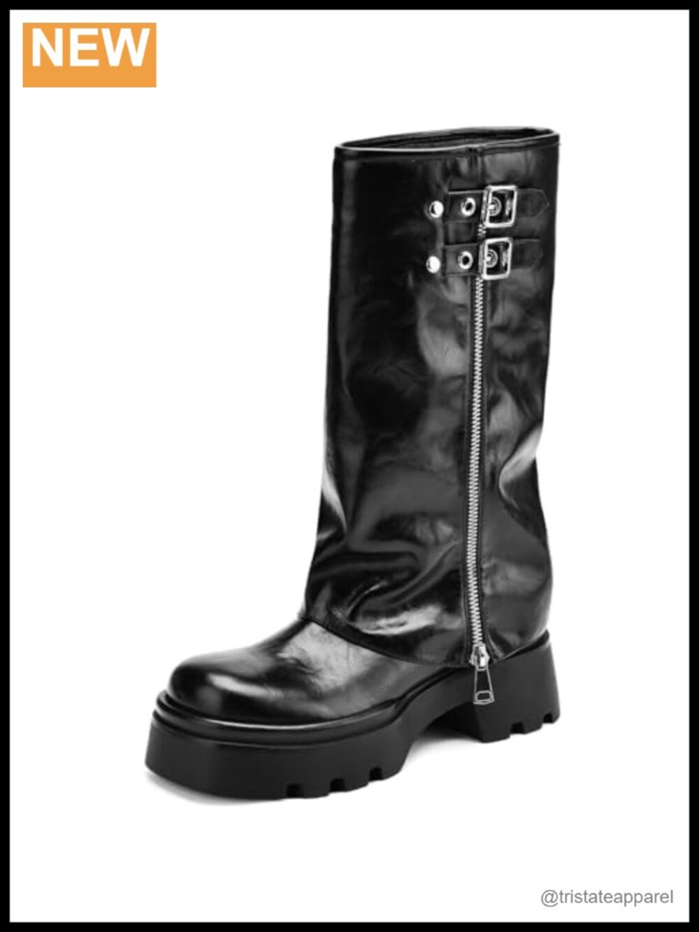 Women's Knee High Moto Riding Boots, Fold Over Block Heel Platform, Faux Leather